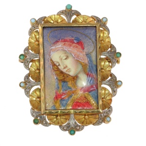 A Serene Masterpiece: Vintage 1950s Enameled Virgin Mary Brooch